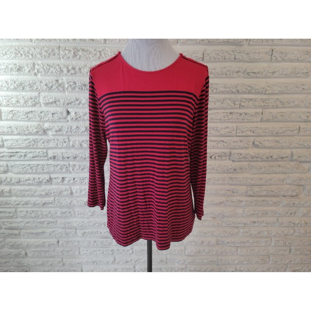 Chaps Womens Top Extra Large Tee Red Stripe Deco Buttons Stretch STR189XE